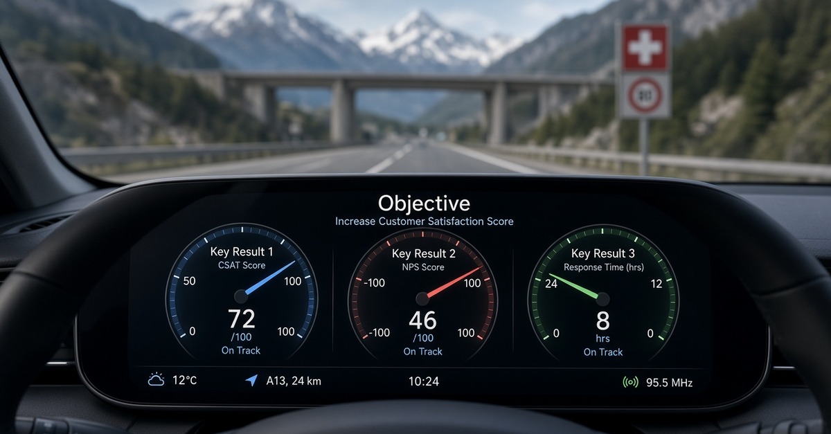 Auto-Cockpit mit drei Anzeigen für Key Results