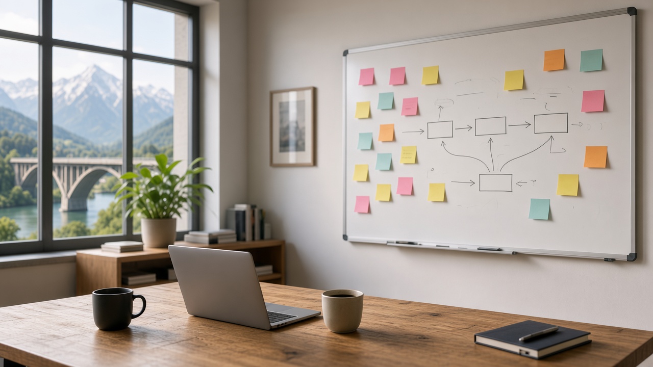 Workshop-Raum mit Whiteboard und Brücke vor dem Fenster