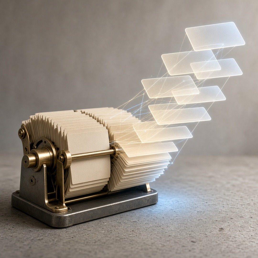 Ein klassischer Rolodex, dessen Karteikarten sich in digitale Kontaktkarten verwandeln