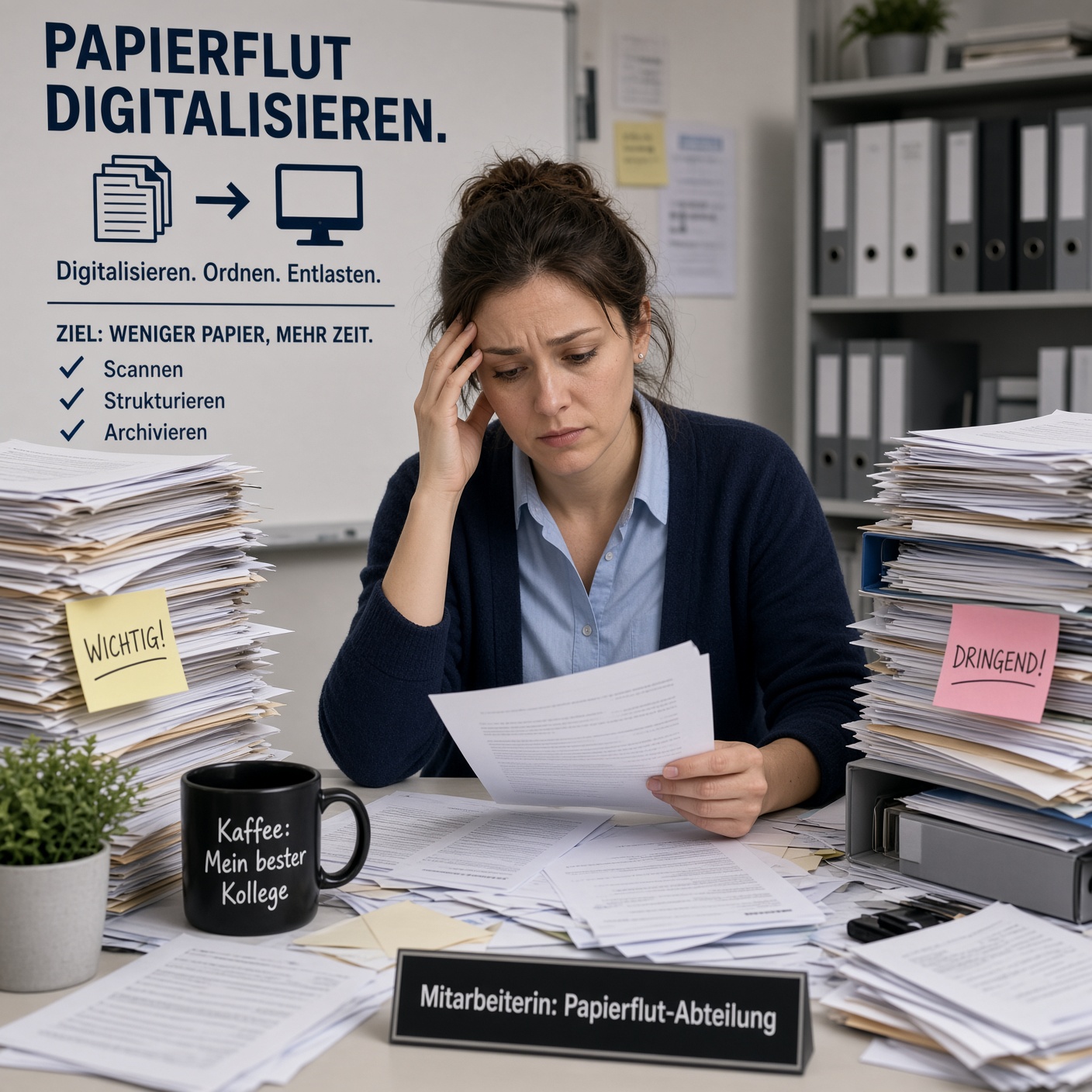 Mitarbeiterin zwischen Papierstapeln – Papierflut digitalisieren