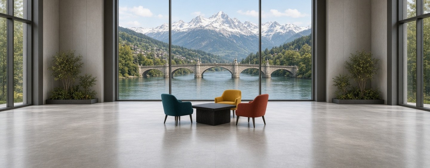 Tisch mit drei farbigen Sesseln vor bodentiefer Scheibe mit Blick auf Fluss und Brücke